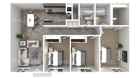 Floor plan for 3 beds, 2 baths, 1260 sqft